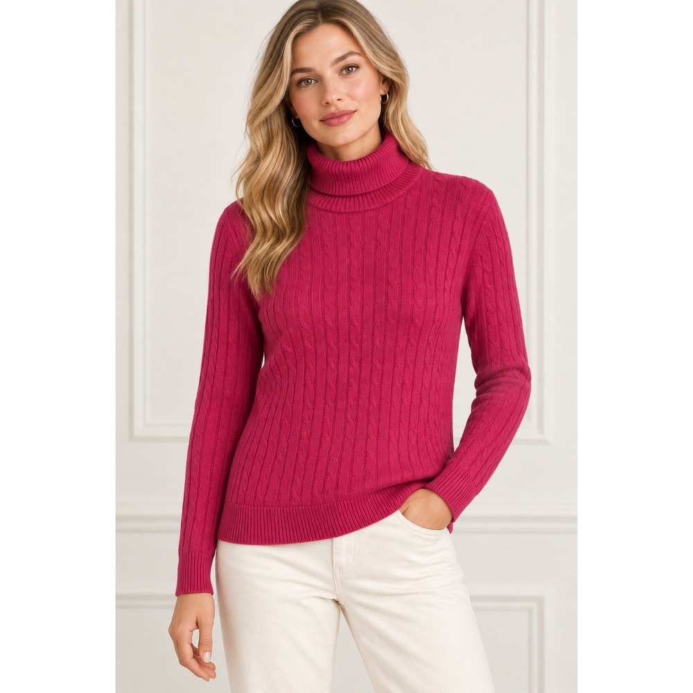 Lands End Turtleneck Sweater Womens M Cable Knit Cotton Long Sleeve Fisherman